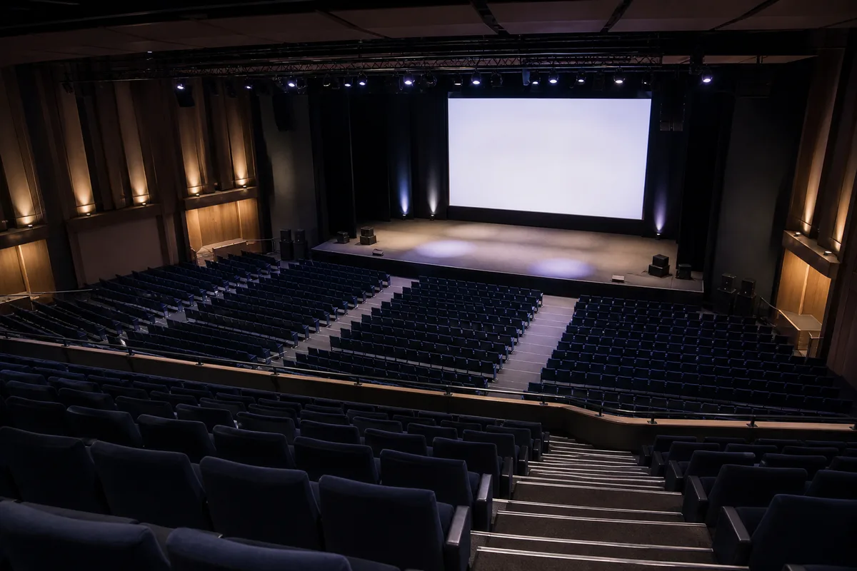 Auditorium vide d&rsquo;un centre de congrès vu depuis les gradins