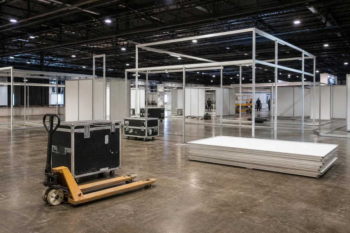 Hall d&rsquo;exposition nu en cours de montage de stands