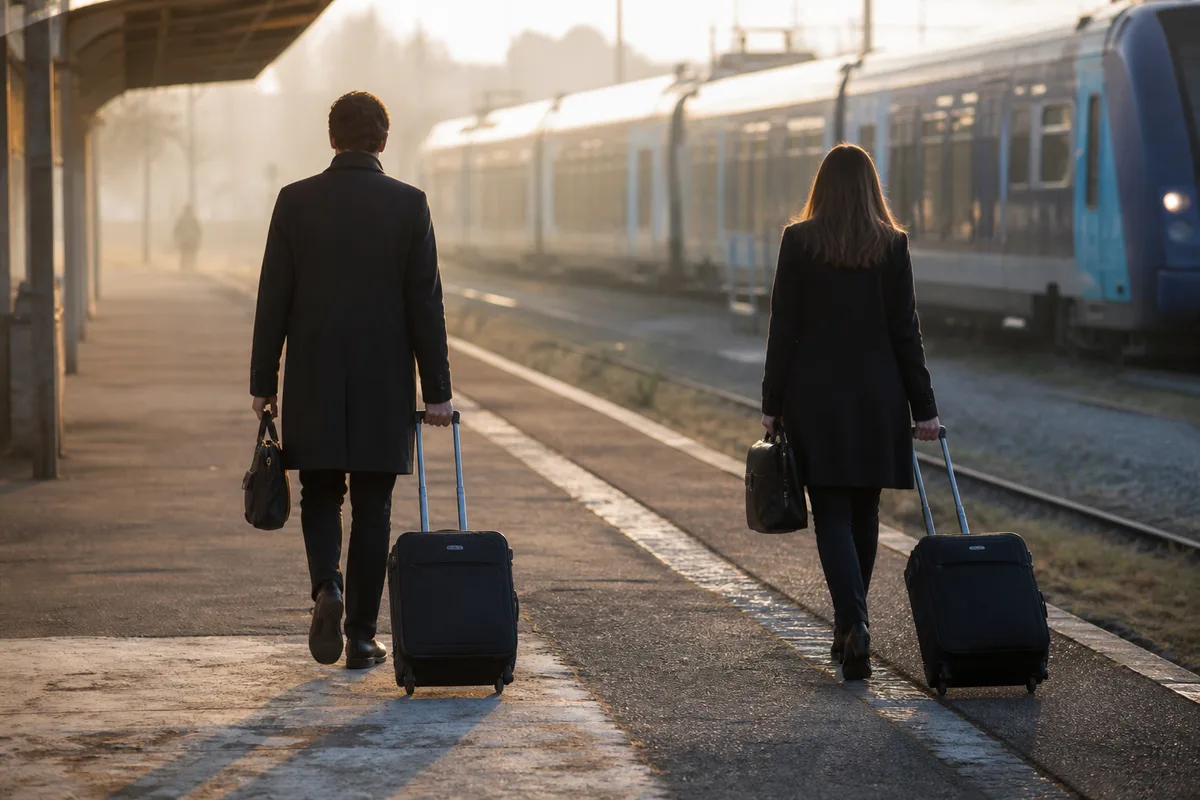 Quai de gare au petit matin avec voyageurs professionnels et bagages cabine