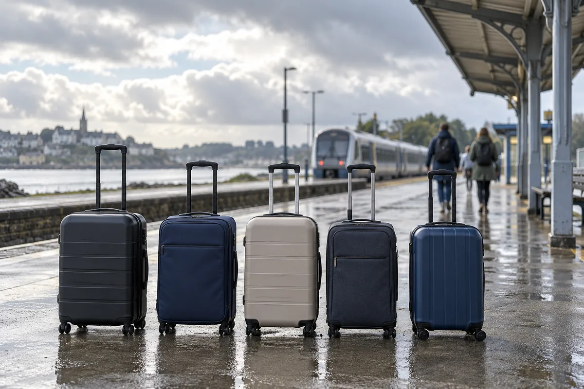 Quai de gare sous un ciel breton changeant, valises à roulettes alignées au premier plan