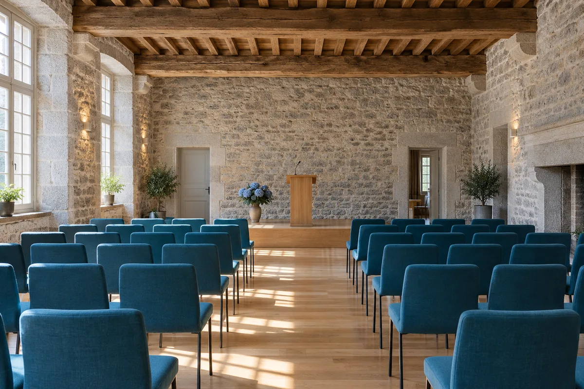 Salle de conférence aux murs de granit et aux poutres anciennes, chaises alignées face à une estrade