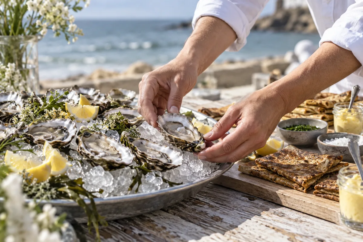 Mains disposant des huîtres et des galettes sur un buffet en bois flotté