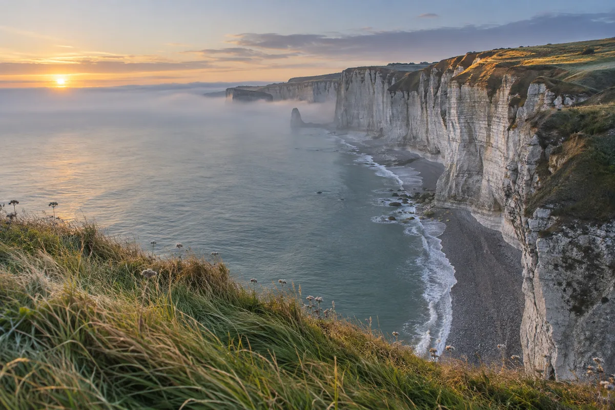 Falaises de craie de la côte normande au lever du jour