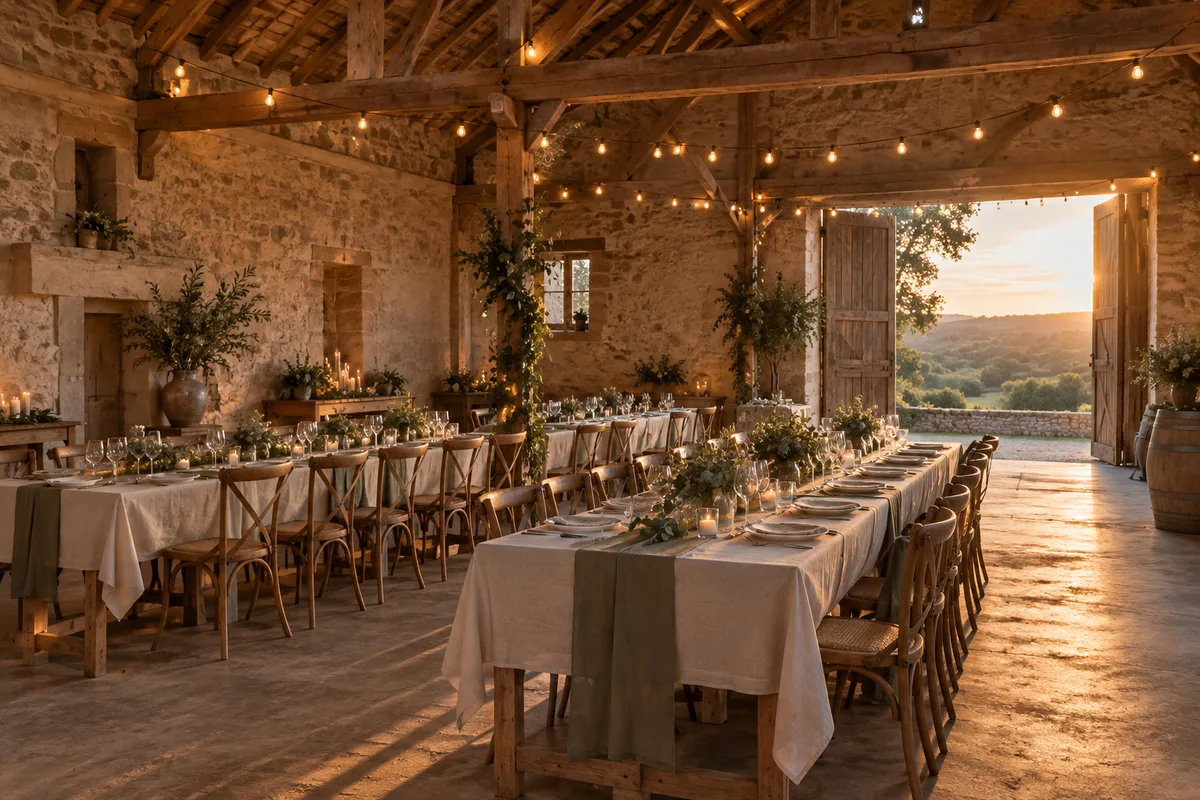 Salle de réception dressée sous la charpente d&rsquo;une ancienne grange normande