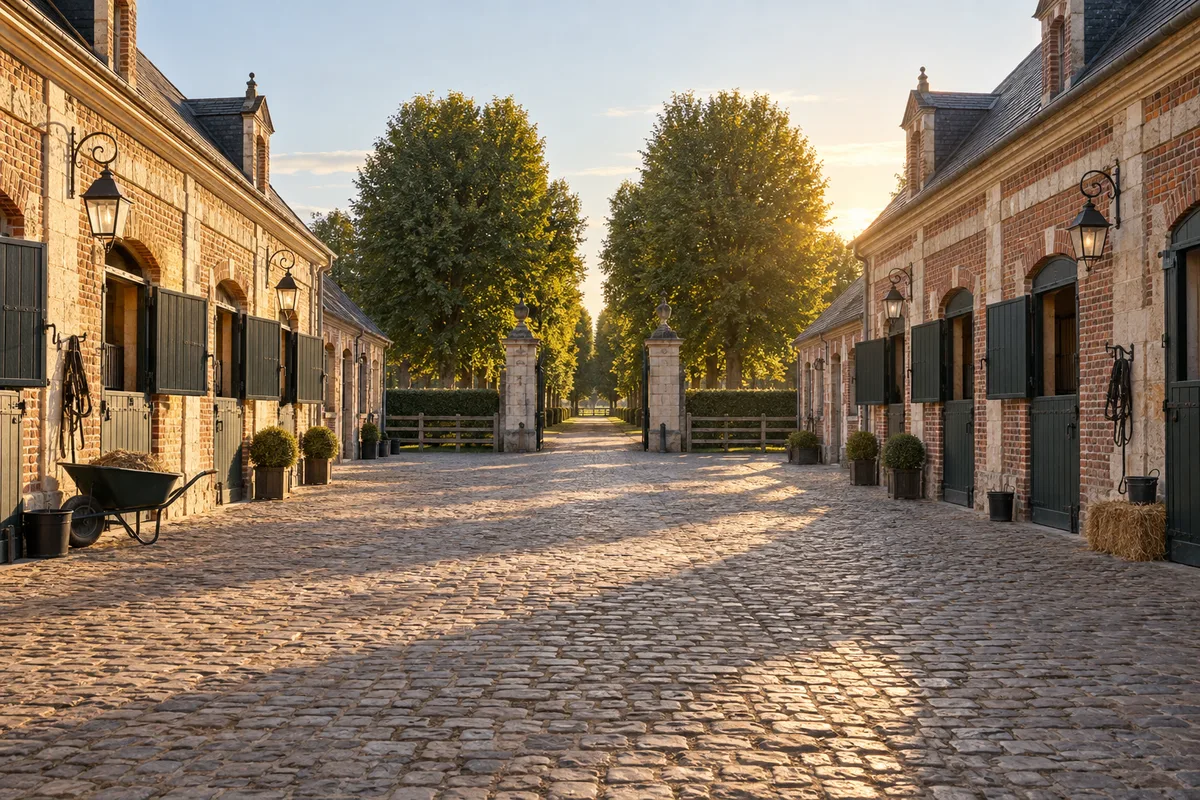 Cour pavée et écuries d&rsquo;un haras normand en fin de journée