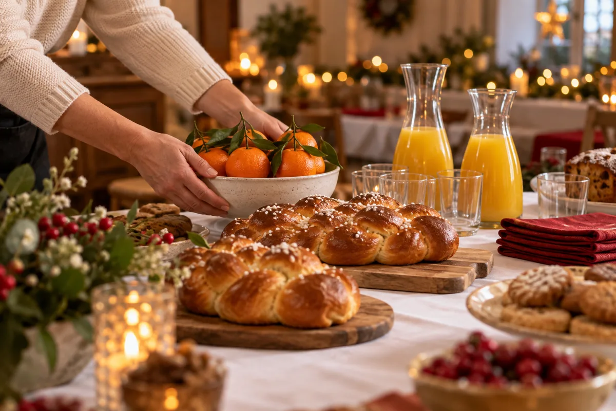 Mains posant une coupe de clémentines sur un buffet de goûter garni de brioches tressées et de carafes de jus