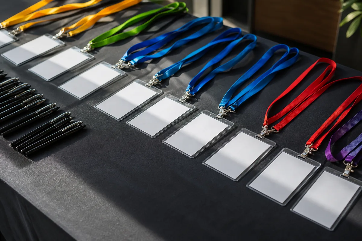 Table d’accueil d’un événement d’entreprise avec badges vierges alignés et stylos