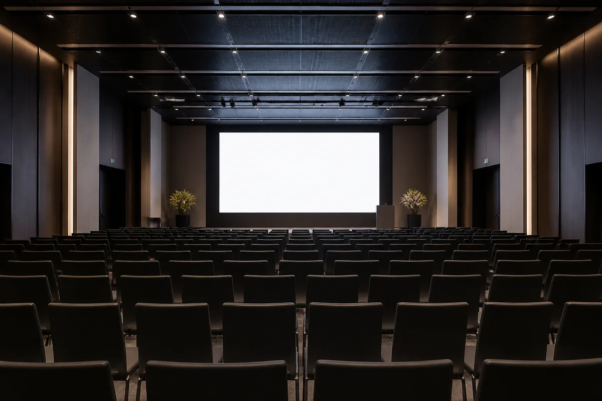 Salle de conférence vue de l’arrière avec sièges alignés et écran lumineux