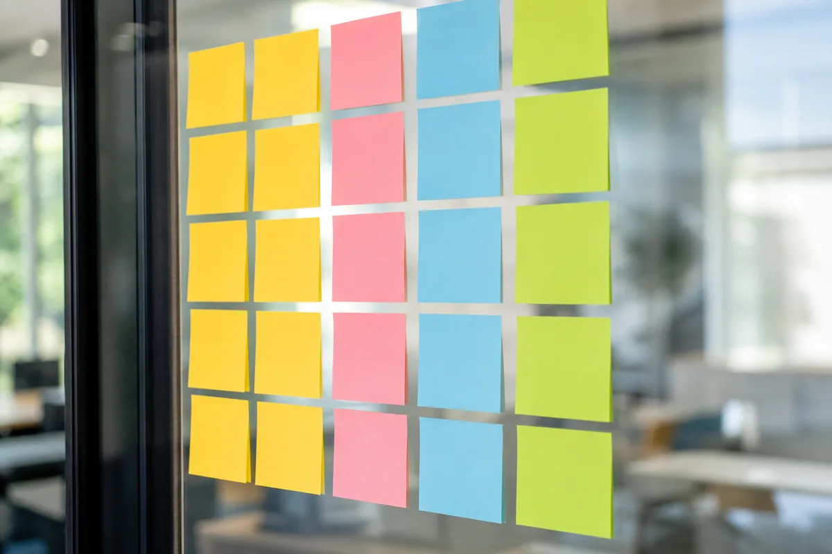 Cloison vitrée de bureau couverte de notes adhésives colorées disposées en colonnes