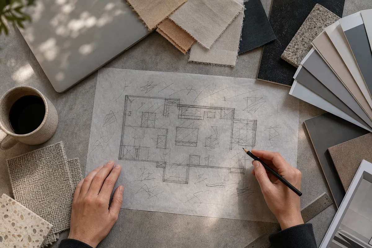 Poste de travail d&rsquo;une chargée d&rsquo;événementiel avec plans de salle et échantillons de mobilier