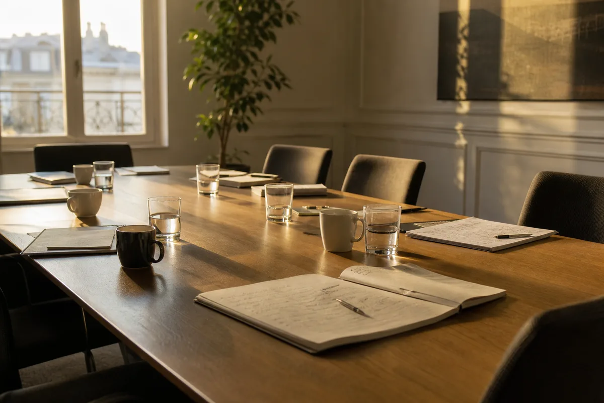 Table de réunion en fin de journée avec carnets ouverts et tasses vides après une revue d&rsquo;activité