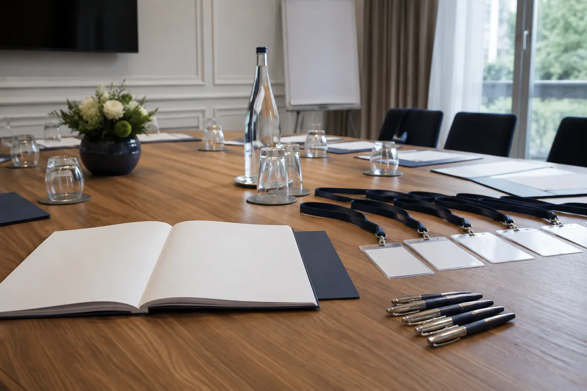 Table de réunion avec agenda ouvert, badges vierges et stylos disposés avant un événement professionnel