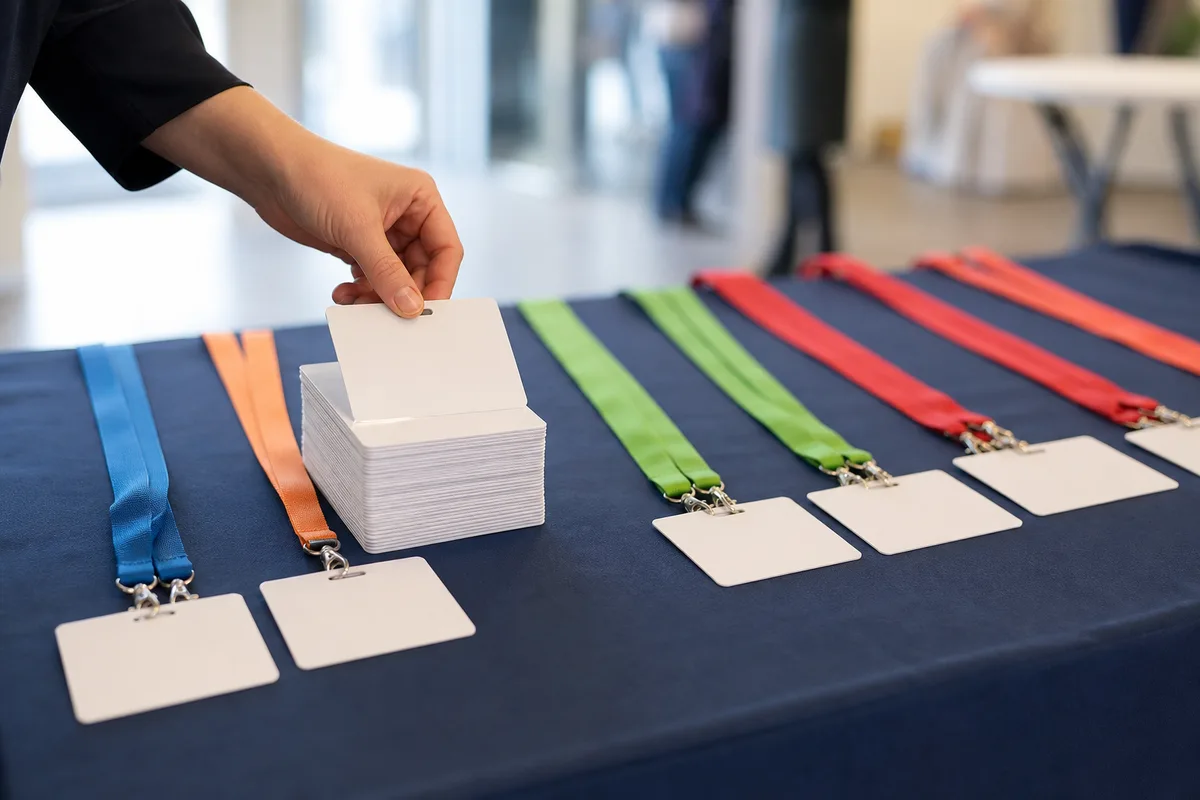 Table d&rsquo;accueil avec badges vierges et cordons alignés avant l&rsquo;ouverture des portes