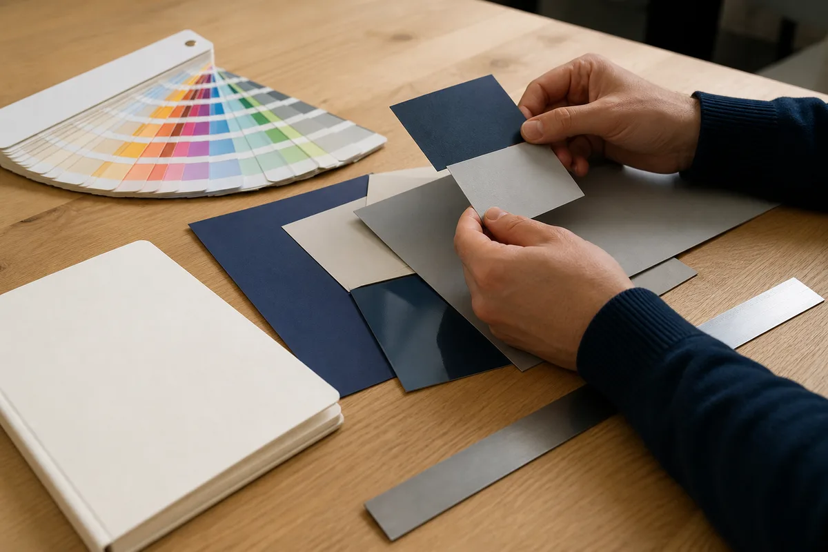 Nuancier de couleurs et échantillons de papier posés sur une table de travail claire