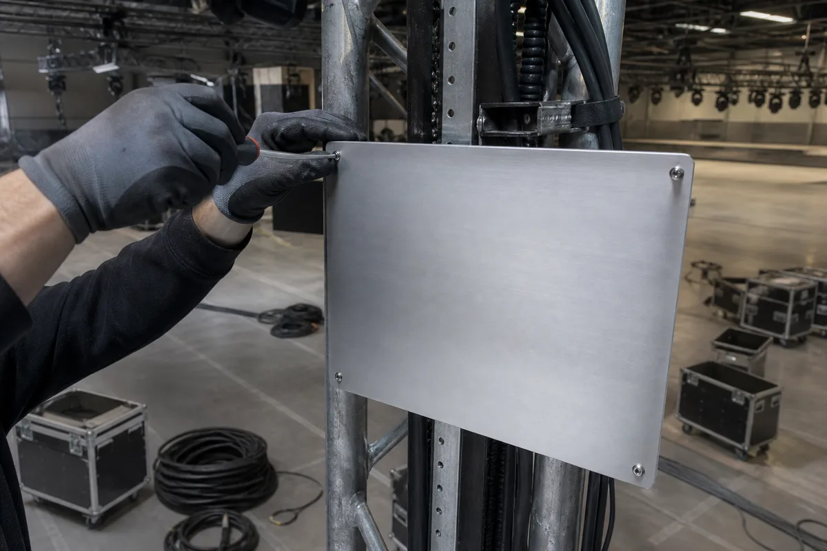 Mains posant une plaque de signalétique unie sur une structure métallique en montage