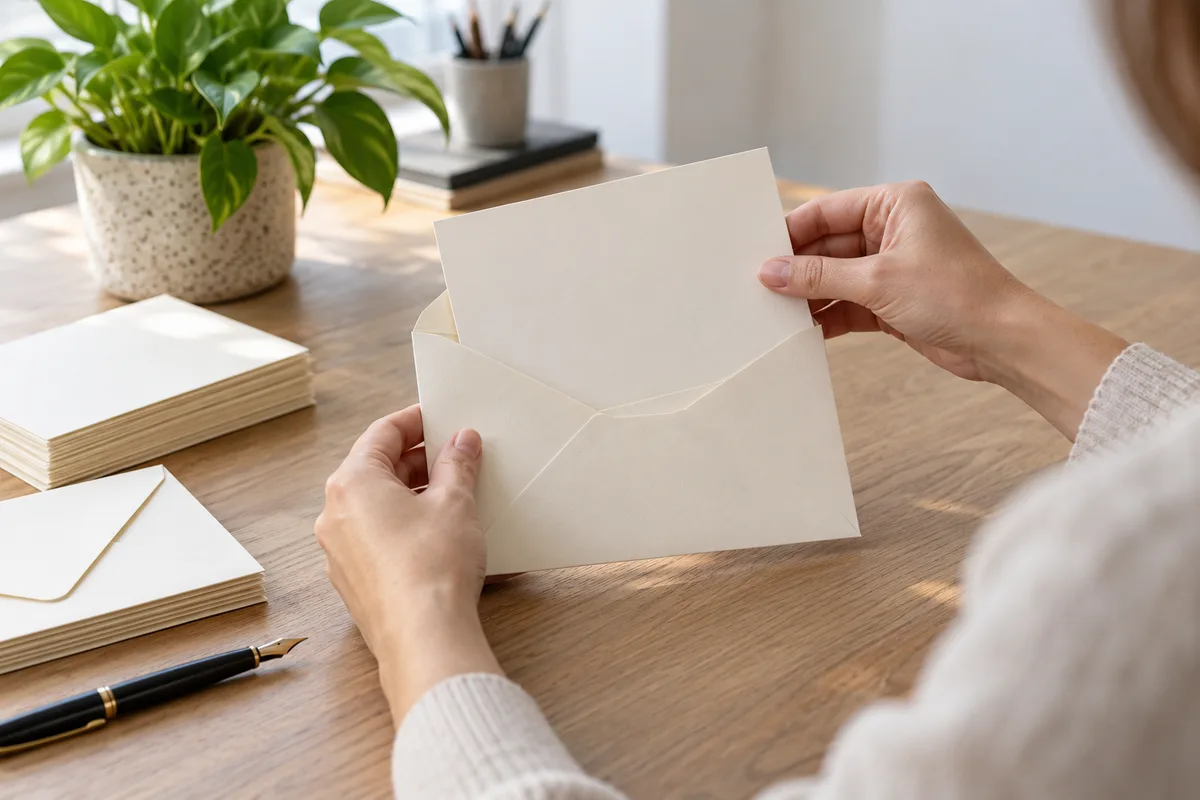 Mains glissant un carton d&rsquo;invitation ivoire dans son enveloppe sur un bureau en bois clair