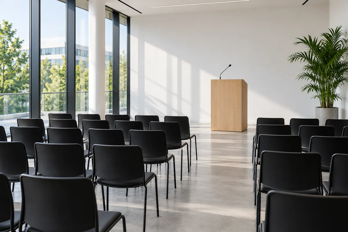 Pupitre et micro face à des rangées de chaises vides dans le hall de locaux neufs