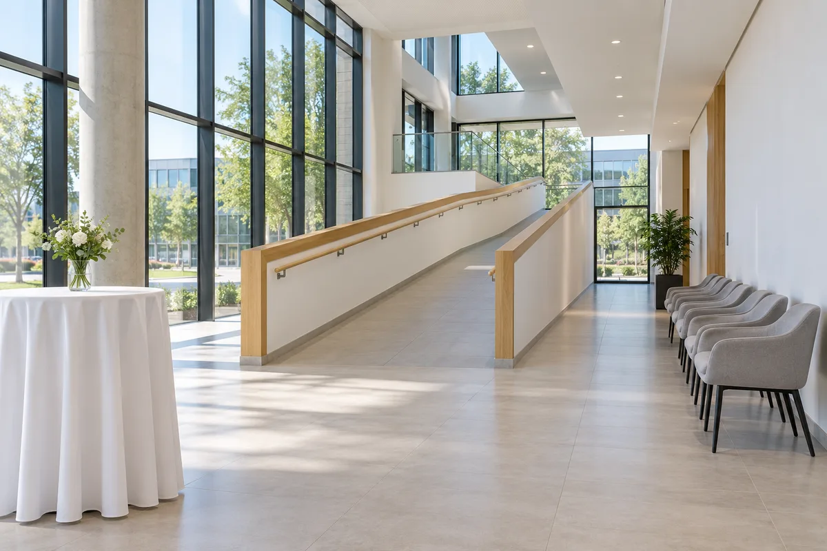 Rampe intérieure avec main courante et chaises alignées dans l&rsquo;espace d&rsquo;accueil de locaux neufs