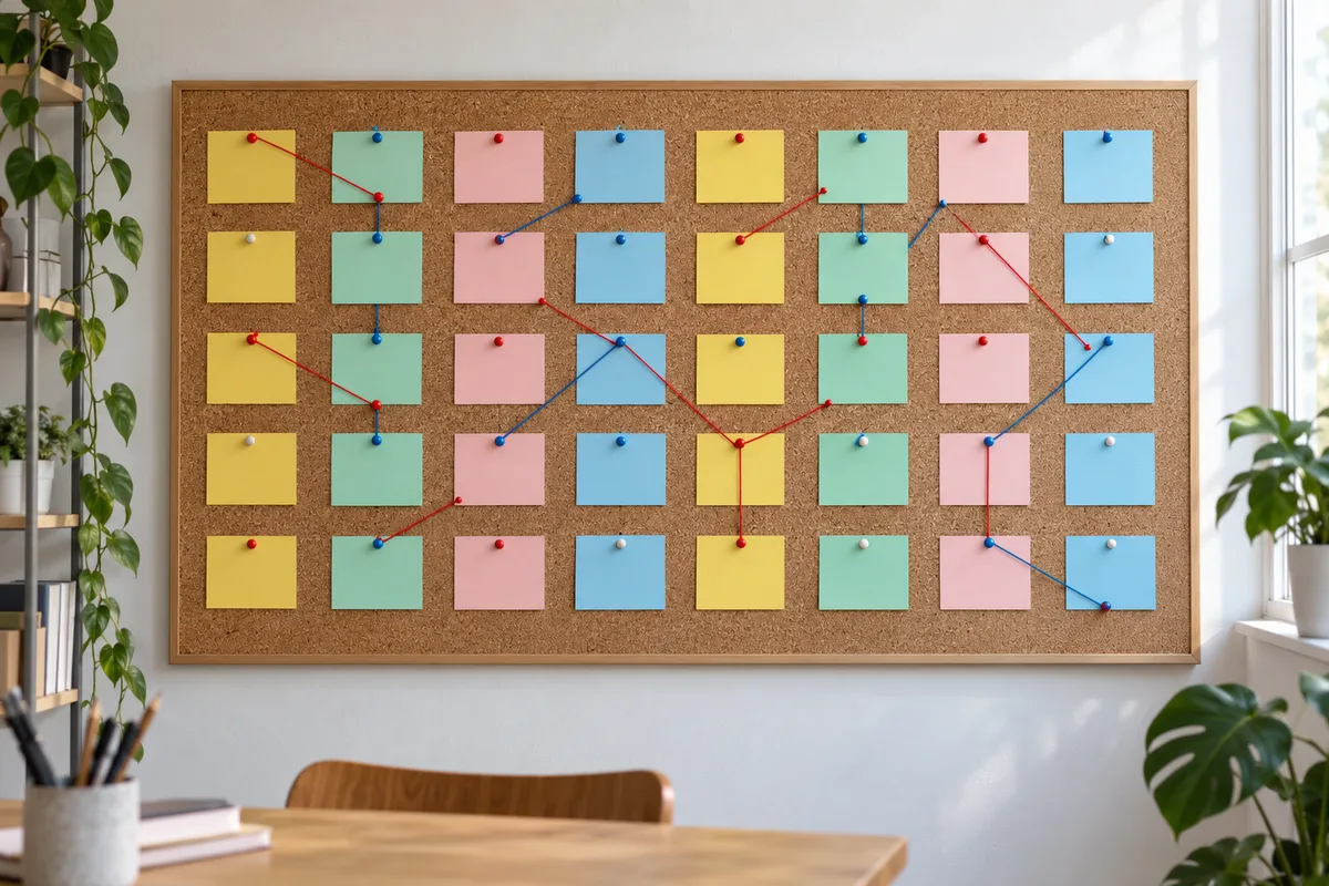 Tableau en liège couvert de fiches de couleurs unies reliées par des fils