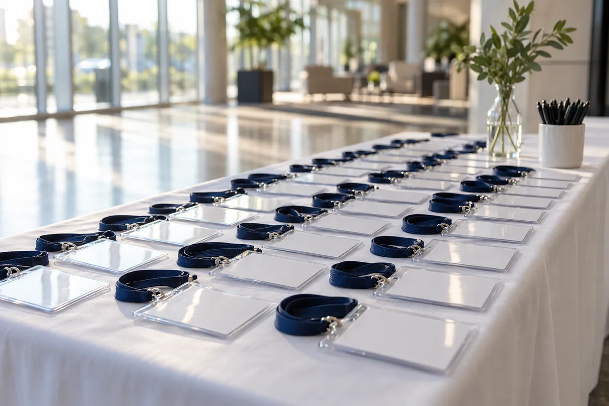Badges vierges et cordons alignés sur une table d’accueil