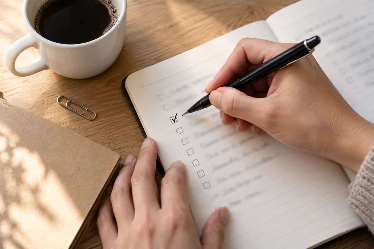 Mains cochant une liste sur un carnet ouvert