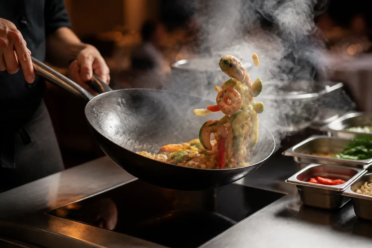 Wok à induction en action sur un poste de live cooking en salle