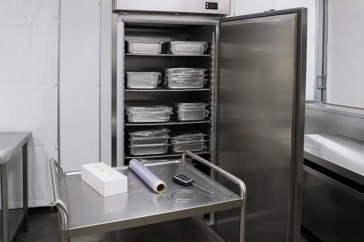 Enceinte réfrigérée inox et bacs gastronormes en zone d&rsquo;arrière de stand
