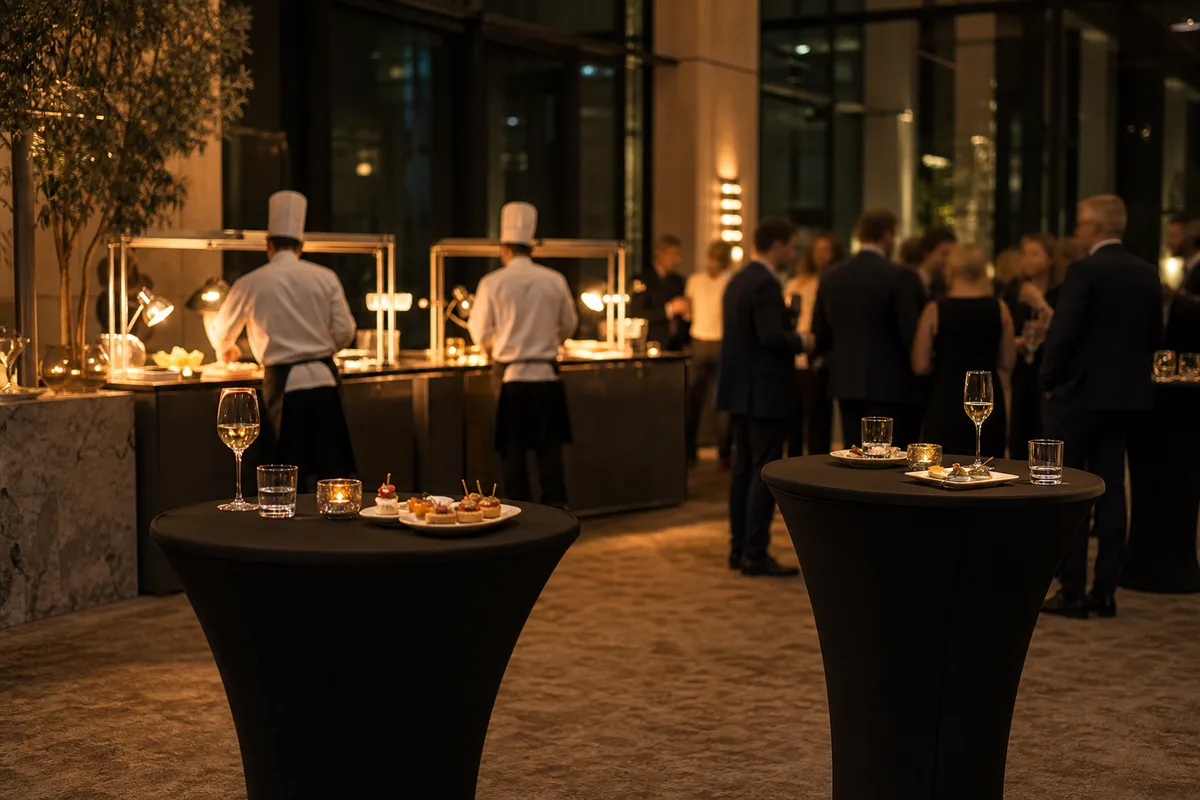 Salle de séminaire en configuration cocktail avec deux stands de cuisson