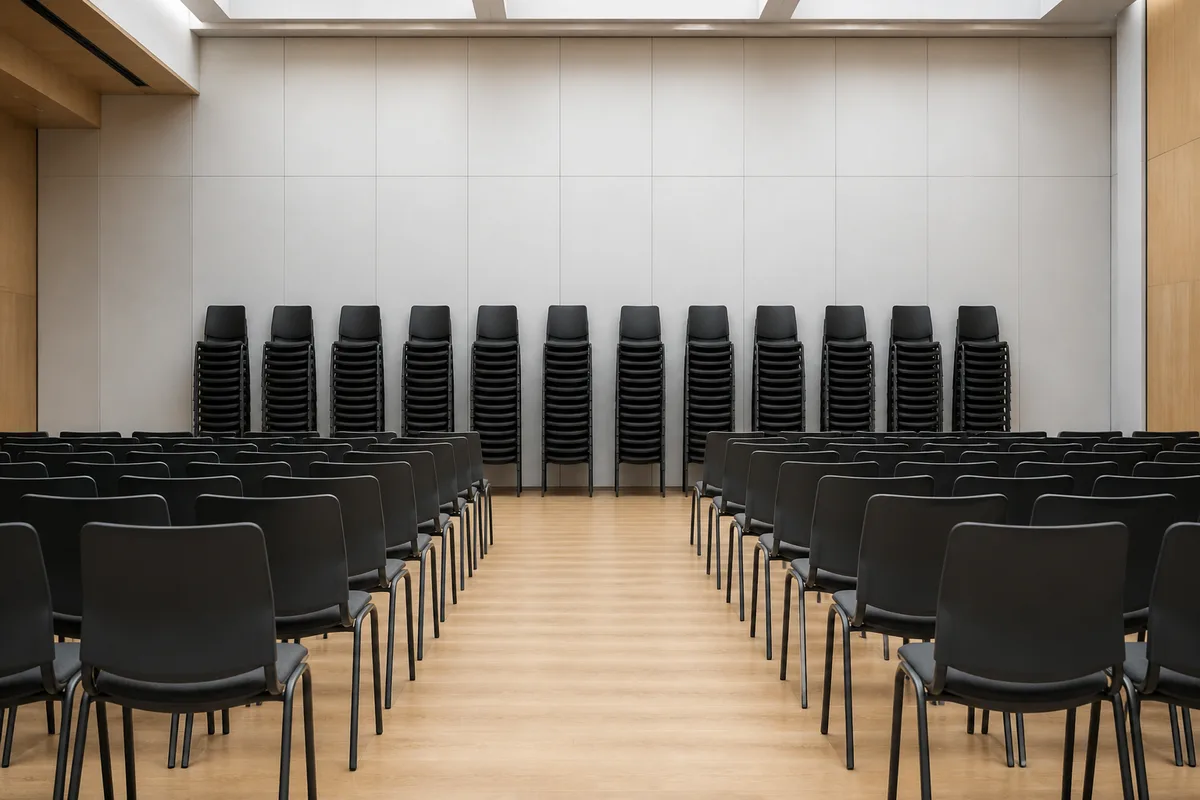 Rangées de chaises empilables alignées dans une salle vide sous lumière naturelle