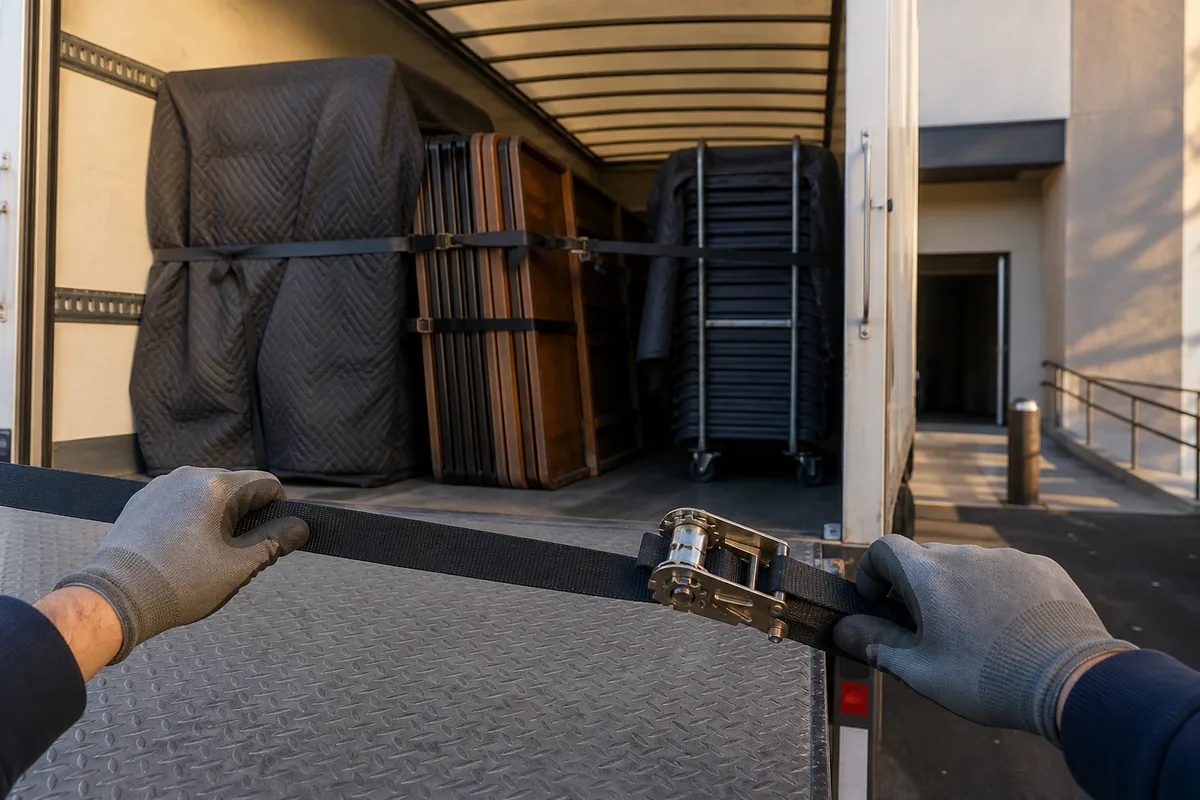 Camion de livraison ouvert sur du mobilier événementiel sanglé et protégé