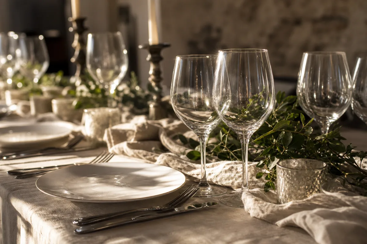 Table de réception dressée avec verres et chemin de table dans un domaine français