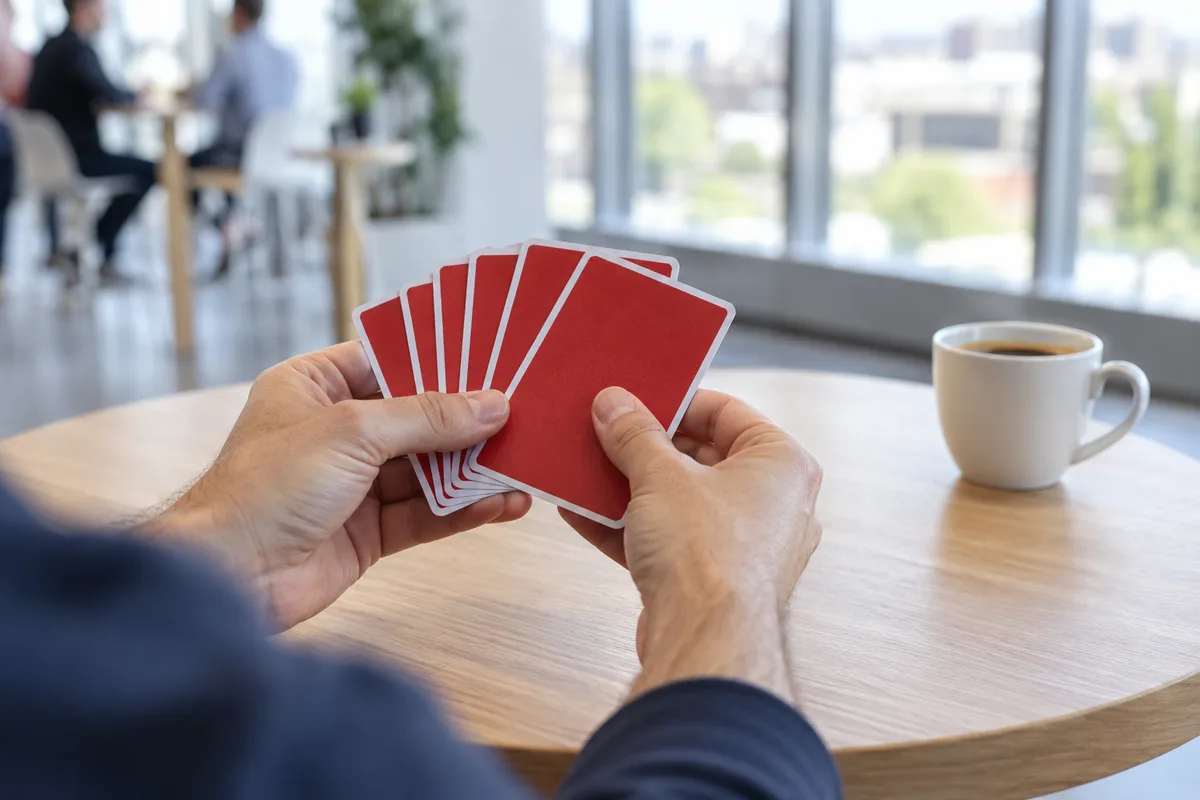 Mains tenant un paquet de cartes au dos rouge uni, faces cachées