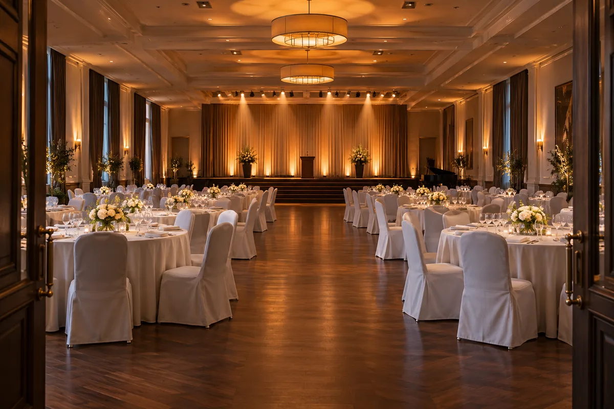 Salle de séminaire dressée en tables rondes sous des projecteurs à la lumière chaude