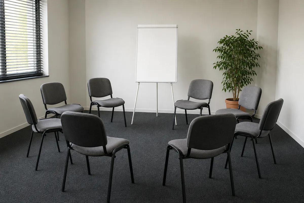 Salle de réunion claire avec paperboard et chaises disposées en cercle avant une réunion de cadrage