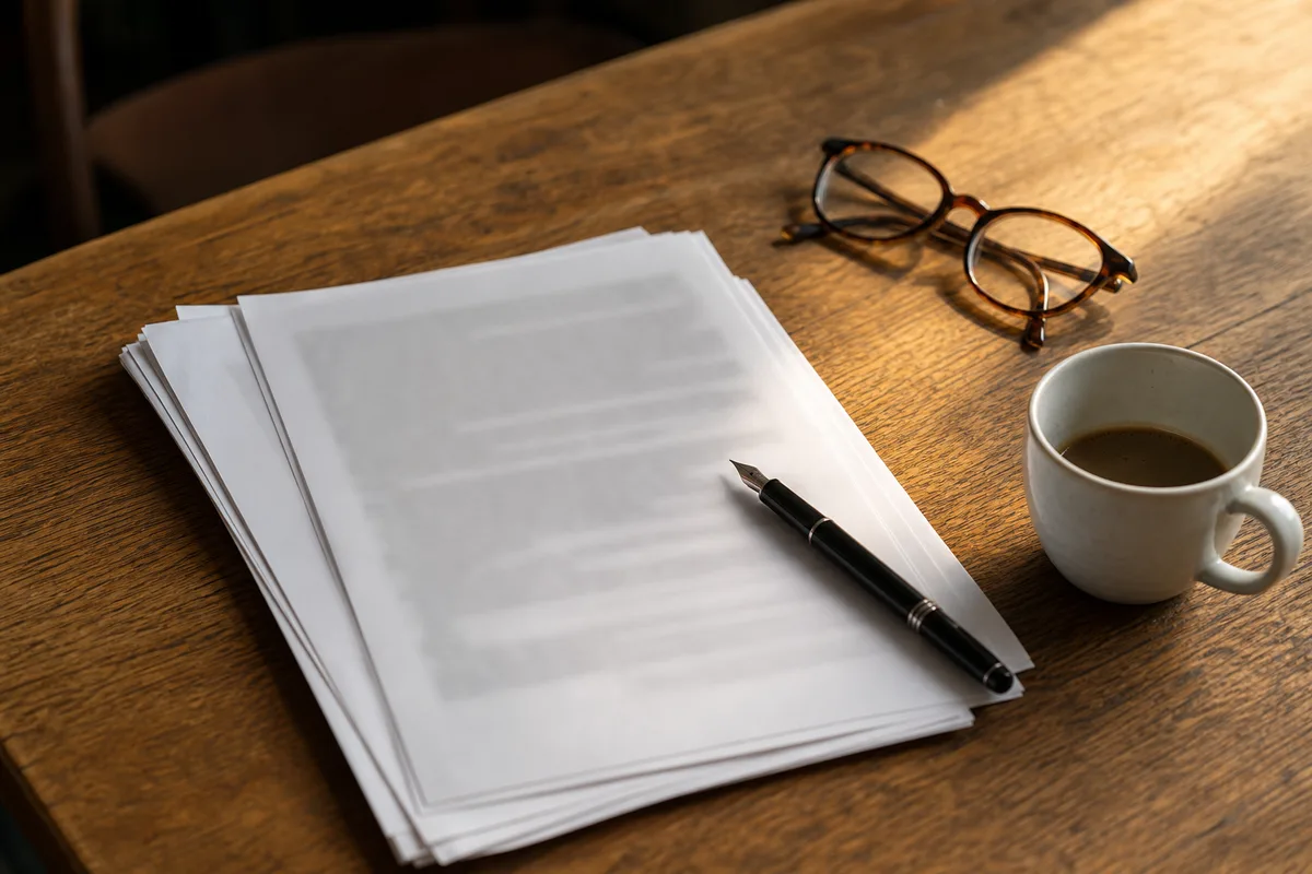 Contrat de location de salle posé sur une table en bois avec un stylo et une tasse de café