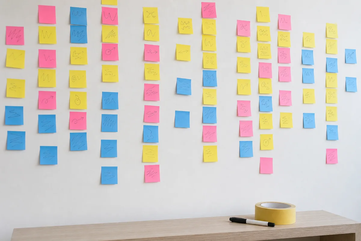 Mur de bureau couvert de notes adhésives colorées formant un planning d’événement en entreprise