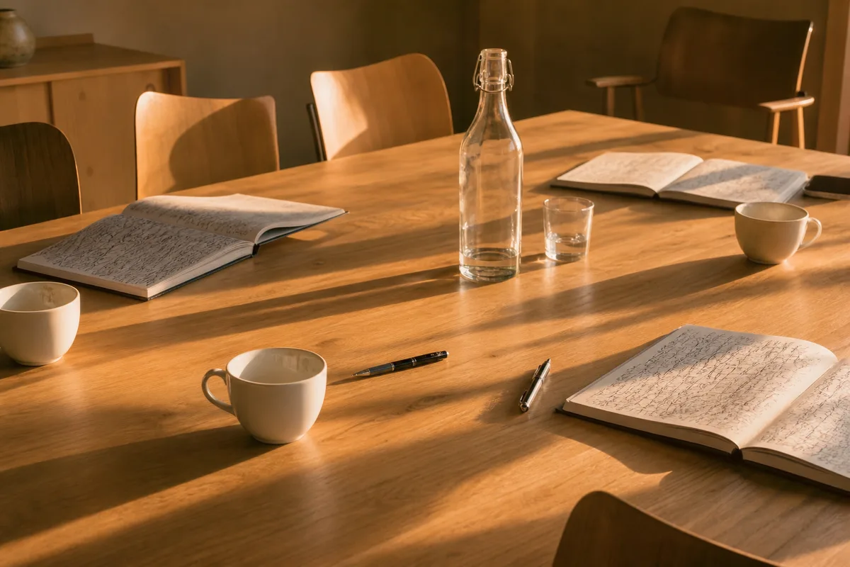 Table de réunion en fin de séminaire avec tasses vides, carnets ouverts et lumière de fin de journée