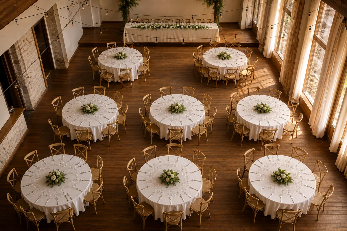 Salle de réception vue de haut avec tables rondes nappées de blanc et une longue table d&rsquo;honneur au fond