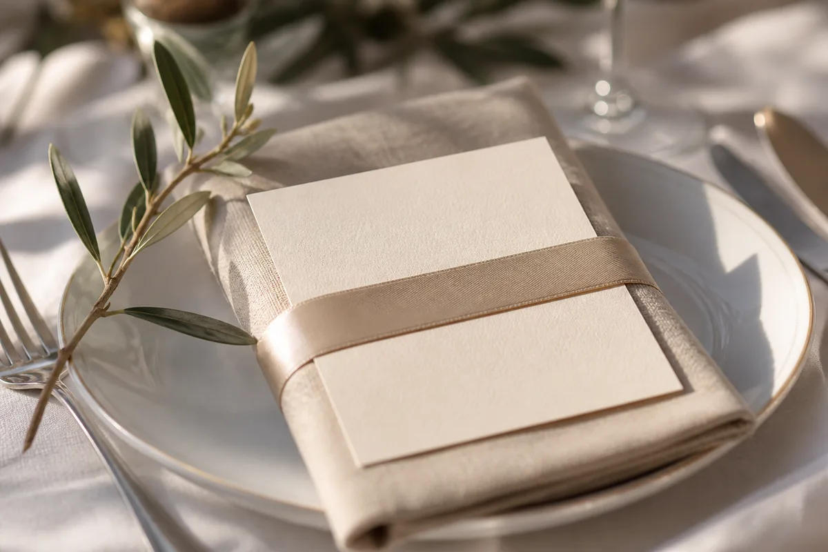 Détail d&rsquo;un marque-place calligraphié posé sur une serviette de lin beige et une assiette de porcelaine
