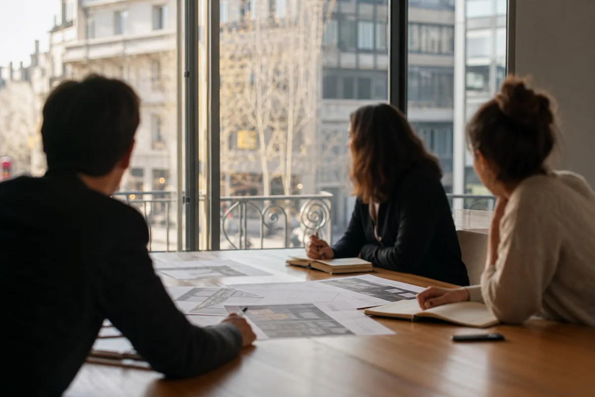 Réunion de brief entre une agence et son client dans des bureaux lumineux