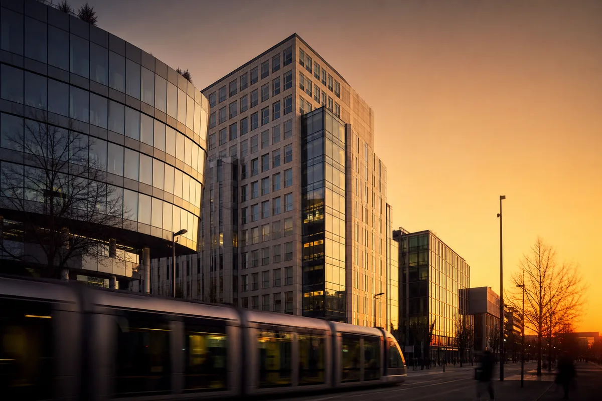 Quartier d&rsquo;affaires de Strasbourg avec immeubles de bureaux en fin de journée