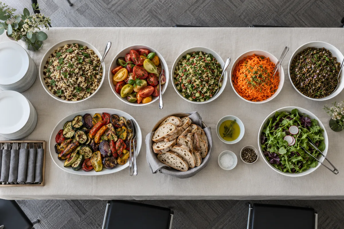 Buffet de déjeuner de séminaire vu en plongée, céramique blanche et salades colorées