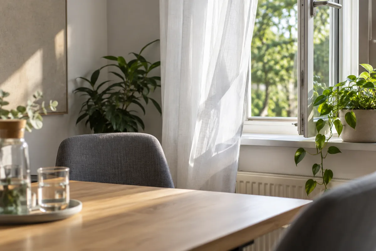 Fenêtre entrouverte dans une petite salle de réunion calme, voilage blanc et chaise grise