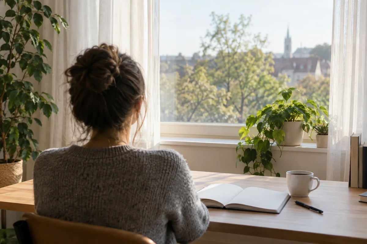 Personne de dos qui prépare sa réunion à un bureau lumineux, carnet ouvert et tasse de café
