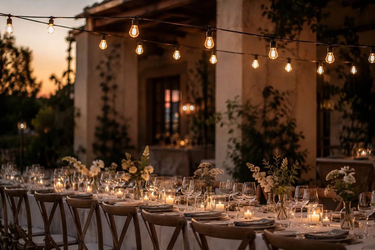 Guirlande lumineuse tendue au-dessus d&rsquo;une table de banquet, ambiance chaleureuse en fin de journée