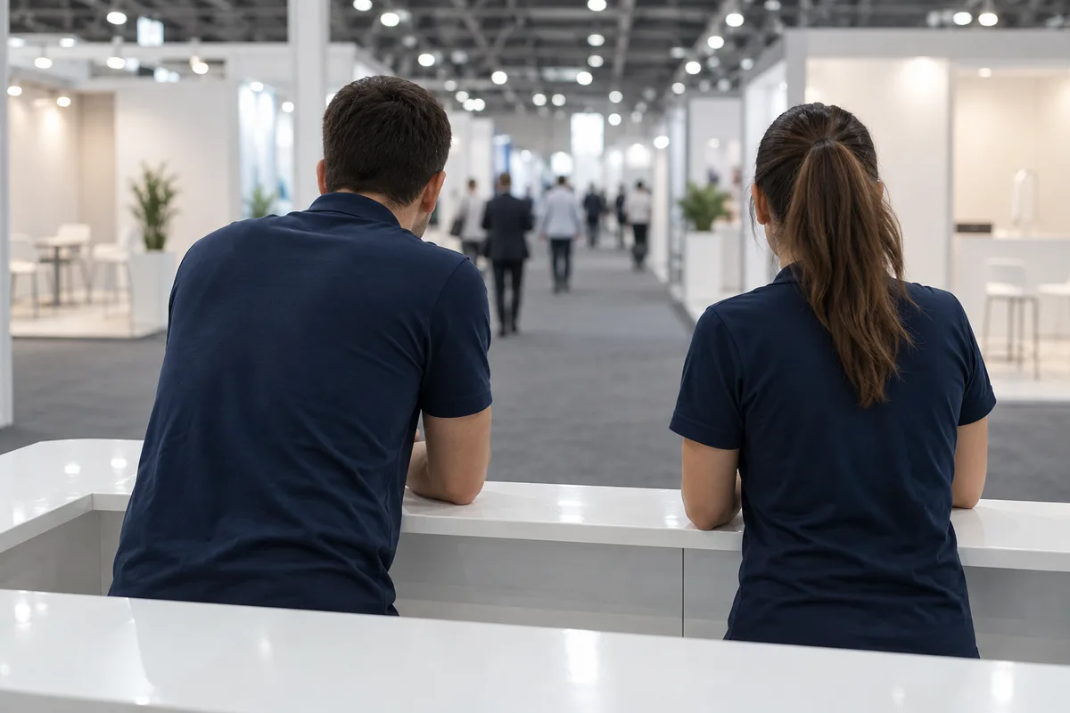 Comptoir d&rsquo;accueil de salon professionnel vu de dos