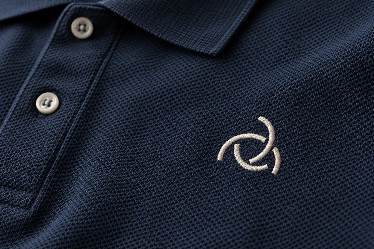 Broderie d&rsquo;un motif abstrait en gros plan sur la poitrine d&rsquo;un polo
