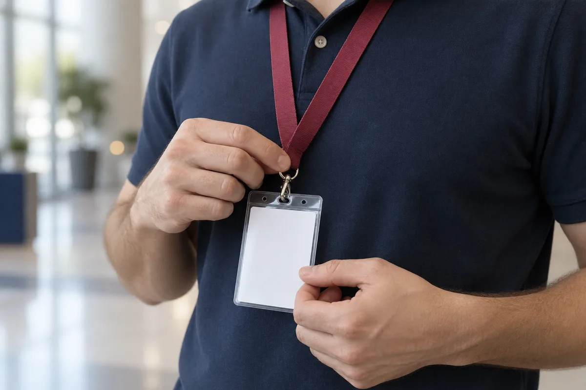 Mains qui ajustent un badge sur un tour de cou