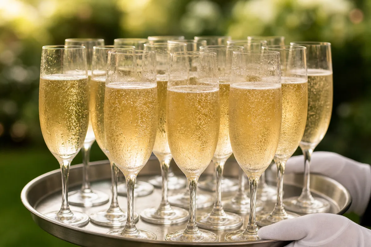 Coupes de champagne alignées sur un plateau lors d’un vin d’honneur en extérieur