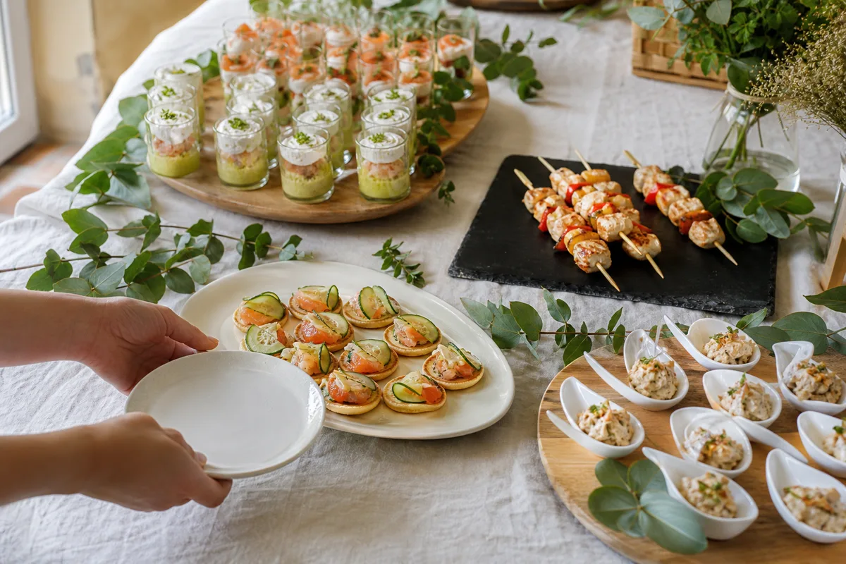 Buffet de bouchées salées disposées sur une nappe de lin, mains d’un serveur présentant un plateau